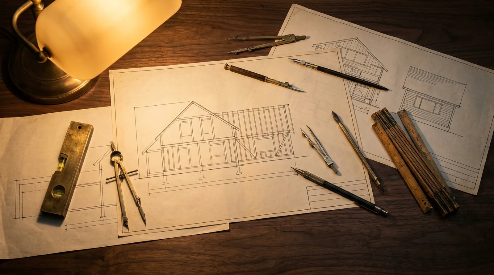 Hand-drawn house plans on a drafting table under a warm brass lamp, with dividers, a folding rule and a level