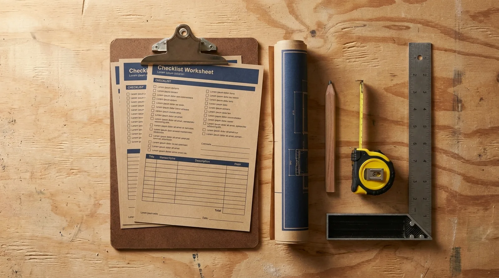 Printed checklists and worksheets on a clipboard beside a rolled blueprint, carpenter pencil, tape measure and steel square on a plywood work table